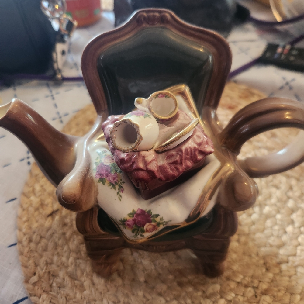 Royal Albert Brown and Green Chair-Shaped Teapot with Floral Accent